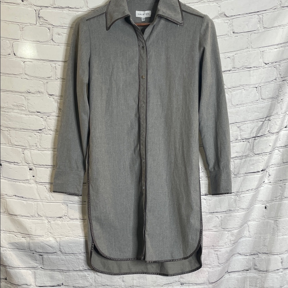 Halston Gray Collared Buttoned Down Long Sleeve Shirt Dress Size 2